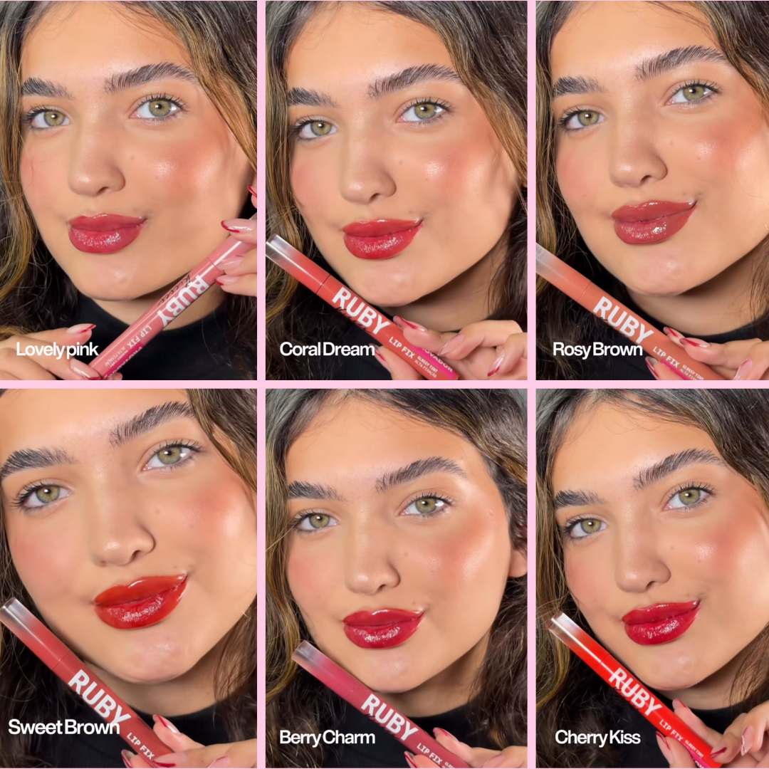 Todas as seis cores do Lip Fix Glossy Tint aplicadas nos l&aacute;bios